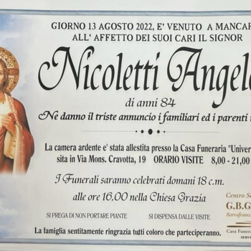 ANNUNCIO CENTRO SERVIZI FUNERARI G.B.G. Sig. Nicoletti Angelo di anni 84