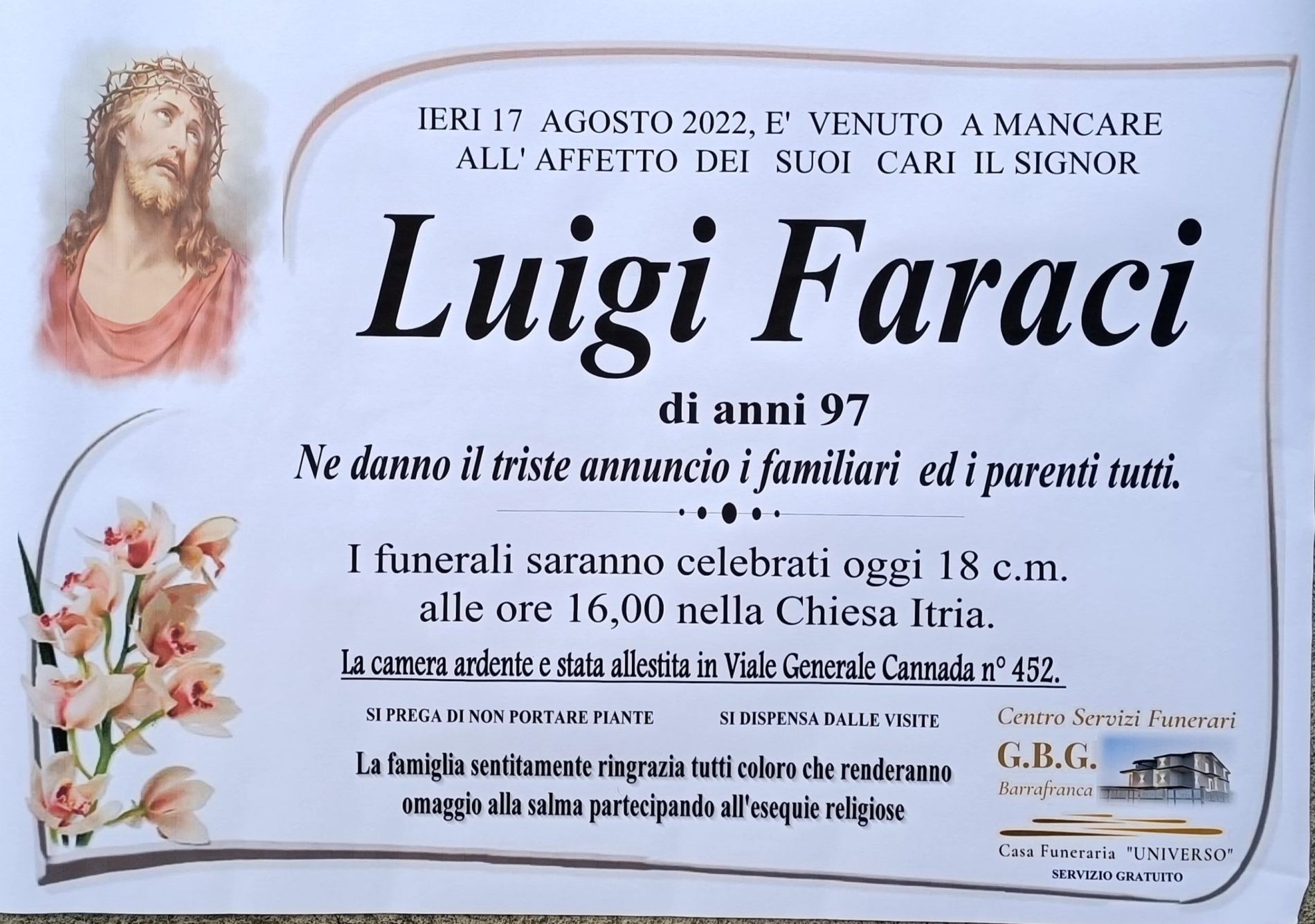 ANNUNCIO CENTRO SERVIZI FUNERARI G.B.G. Sig. Faraci Luigi di anni 97