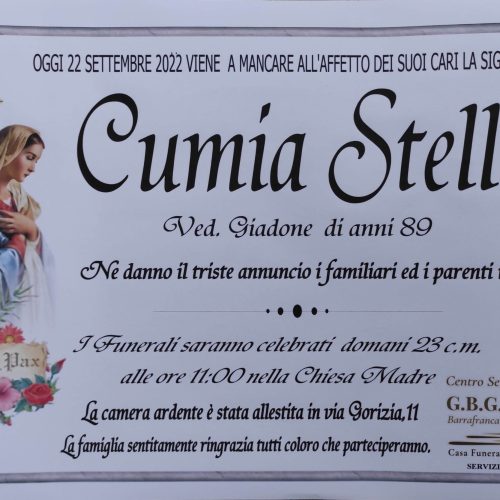Annincio servizi funerari agenzia G.B.G signora Cumia Stella ved. Giadone di anni 89