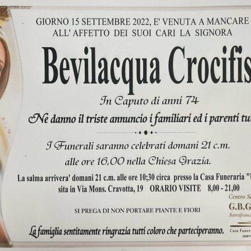 ANNUNCIO CENTRO SERVIZI FUNERARI G.B.G. Sig.ra Bevilacqua  Crocifissa in Caputo di anni 74