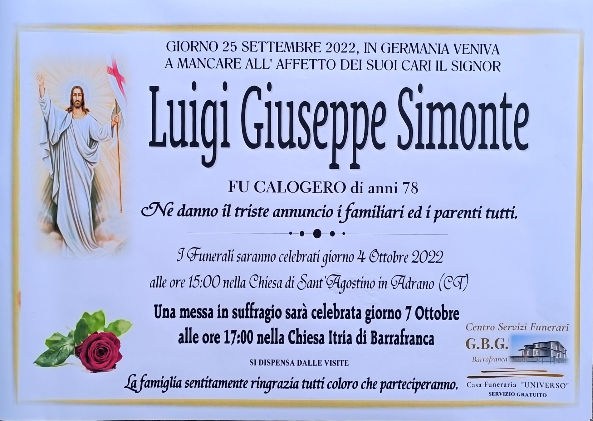 Annuncio servizi funerari agenzia G.B.G.  sig. Luigi Giuseppe Simonte fu Calogero di anni 78
