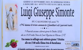 Annuncio servizi funerari agenzia G.B.G.  sig. Luigi Giuseppe Simonte fu Calogero di anni 78