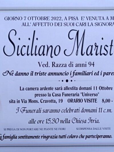 Annuncio servizi funerari agenzia G.B.G. Signora Siciliano Maristella ved. Razza di anni 94