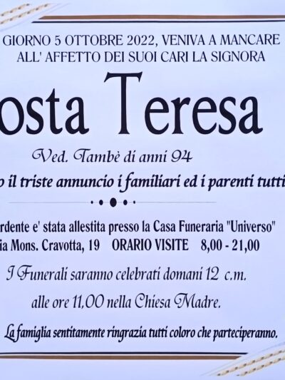 Annuncio servizi funerari agenzia G.B.G. signora Costa Teresa ved. Tambè di anni 94
