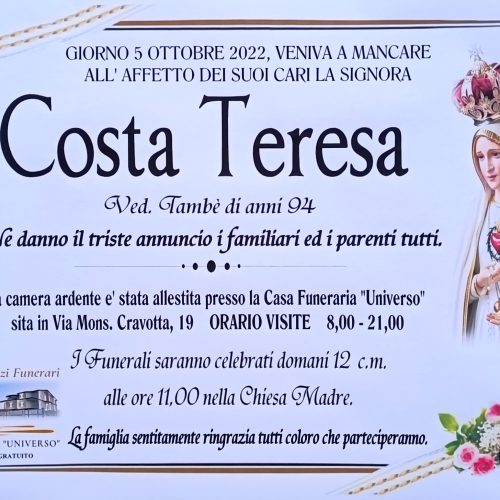 Annuncio servizi funerari agenzia G.B.G. signora Costa Teresa ved. Tambè di anni 94
