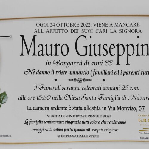 Annuncio servizi funerari agenzia G.B.G. signora Mauro Giuseppina in Bongarrà di anni 83