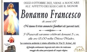 Annuncio servizi funerari agenzia G.B.G sig. Bonanno Francesco di anni 97