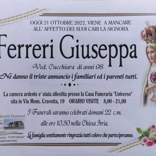 ANNUNCIO CENTRO SERVIZI FUNERARI G.B.G. Sig.ra Ferrei Giuseppa ved. Cucchiara di anni 98