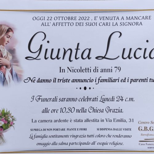 ANNUNCIO CENTRO SERVIZI FUNERARI G.B.G. Sig.ra Giunta Lucia in Nicoletti  di anni 79