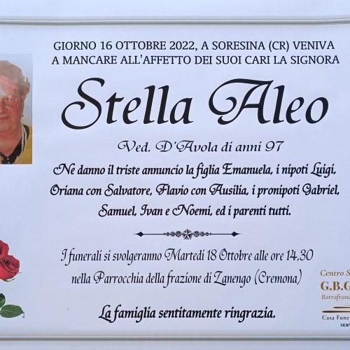 ANNUNCIO CENTRO SERVIZI FUNERARI G.B.G. Sig.ra Aleo Stella ved. D’Avola  di anni 97