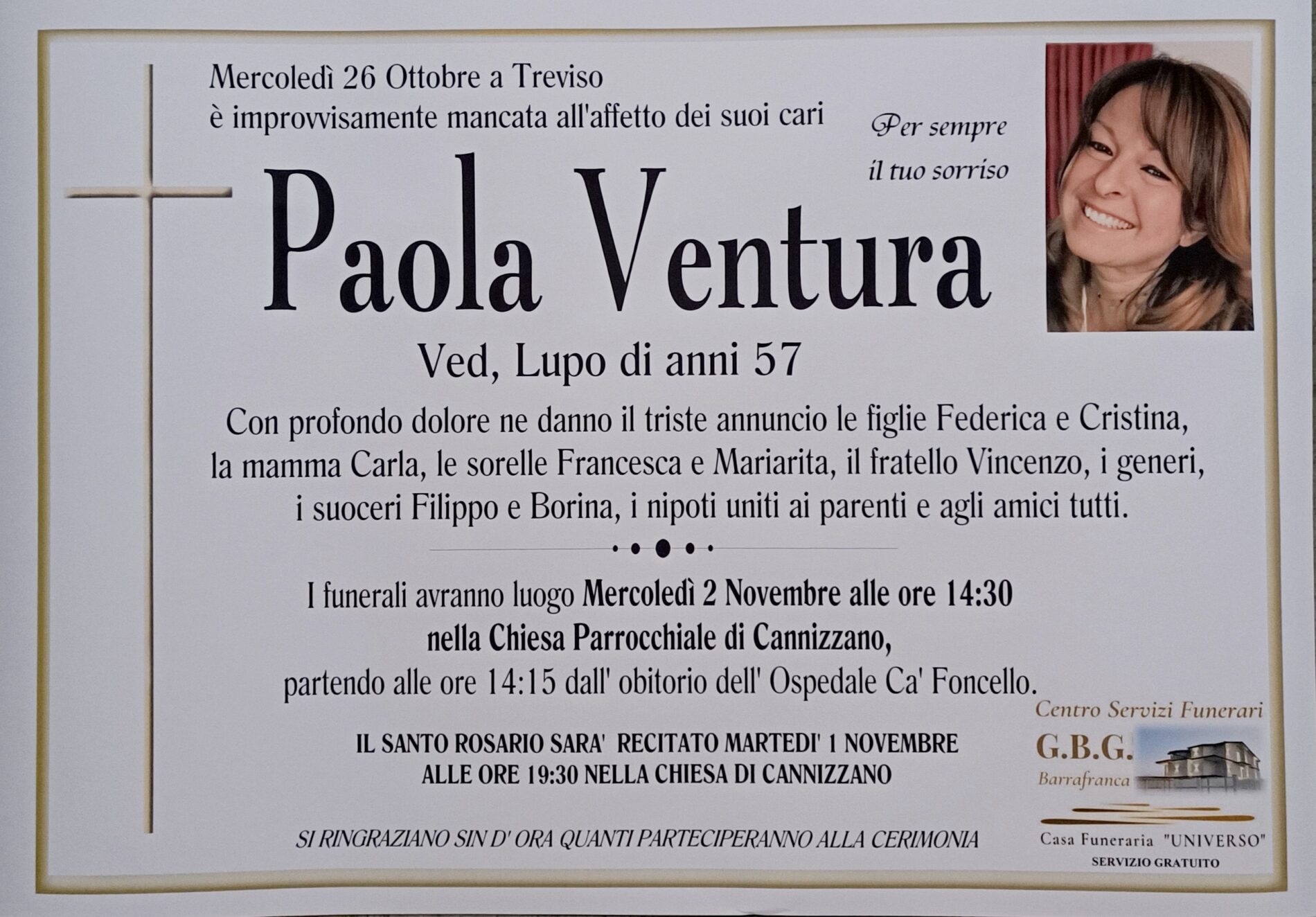 ANNUNCIO CENTRO SERVIZI FUNERARI G.B.G. Sig.ra Ventura Paola ved. Lupo di anni 57