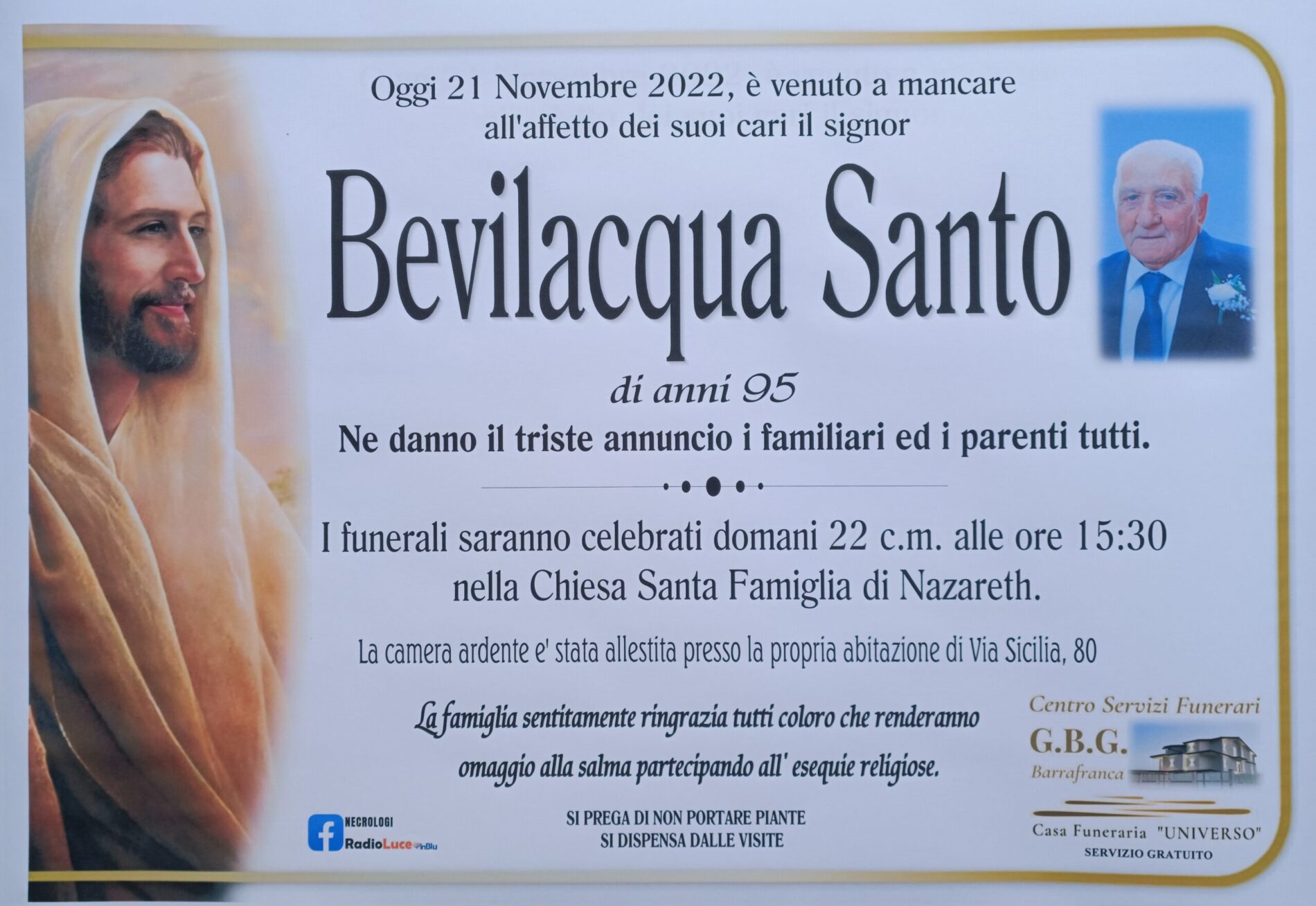 ANNUNCIO CENTRO SERVIZI FUNERARI G.B.G. Sig. Bevilacqua Santo  di anni 95