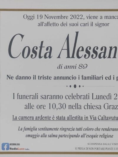 Annuncio servizi funerari agenzia G.B.G. sig. Costa Alessandro di anni 89