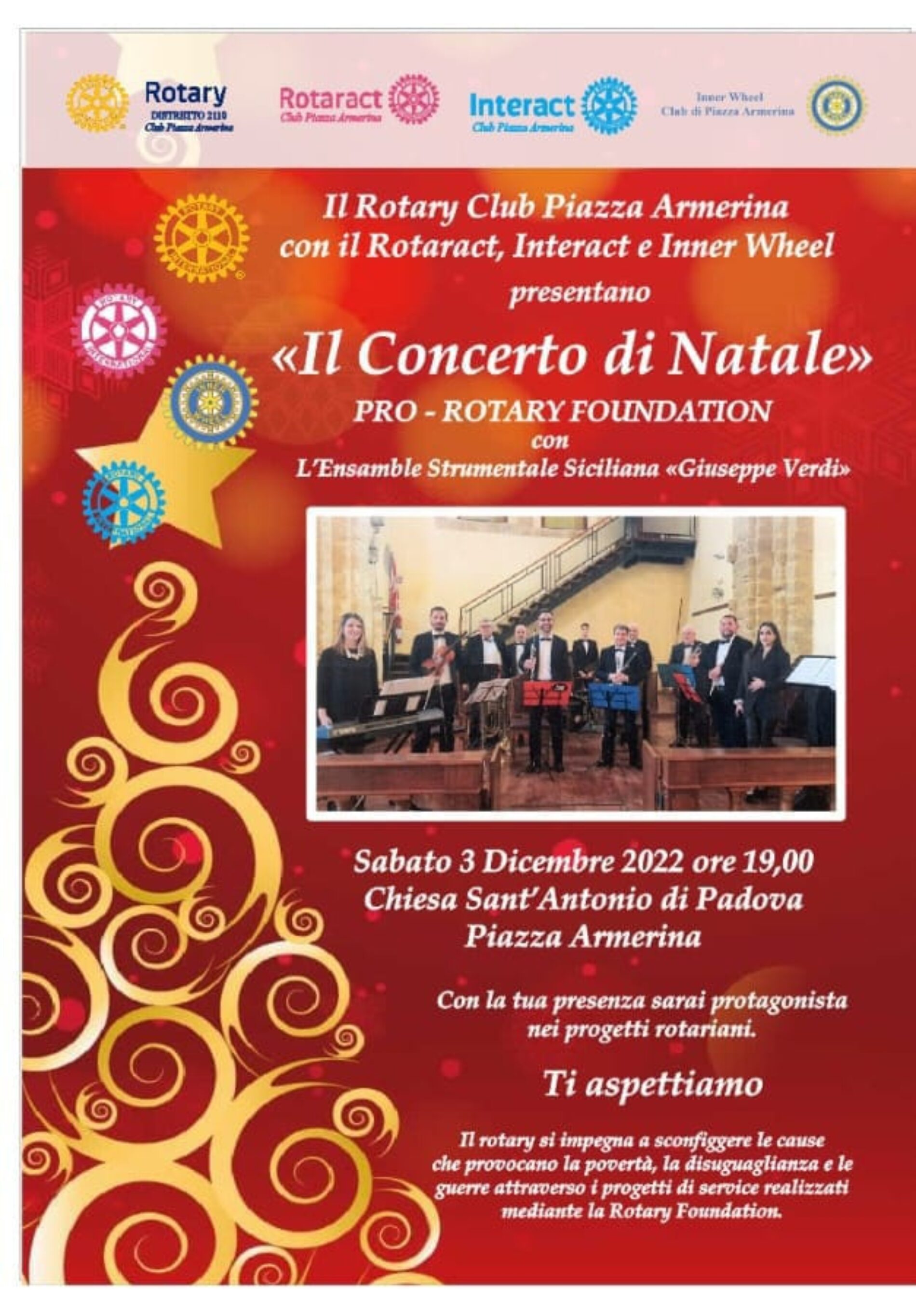 PIAZZA ARMERINA. Il “Concerto di Natale” pro Rotary Foundation con l’Ensemble Strumentale Siciliana “Giuseppe Verdi”.