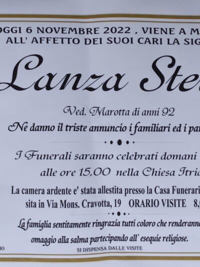 ANNUNCIO CENTRO SERVIZI FUNERARI G.B.G. Sig.ra Lanza Stella ved. Marotta di anni 92
