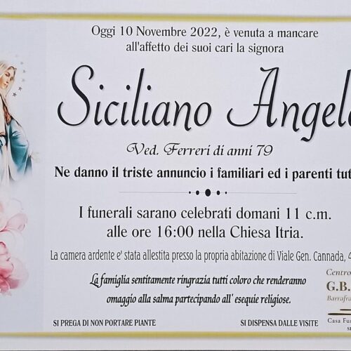 ANNUNCIO CENTRO SERVIZI FUNERARI G.B.G. Sig.ra Siciliano Angela ved. Ferreri di anni 79
