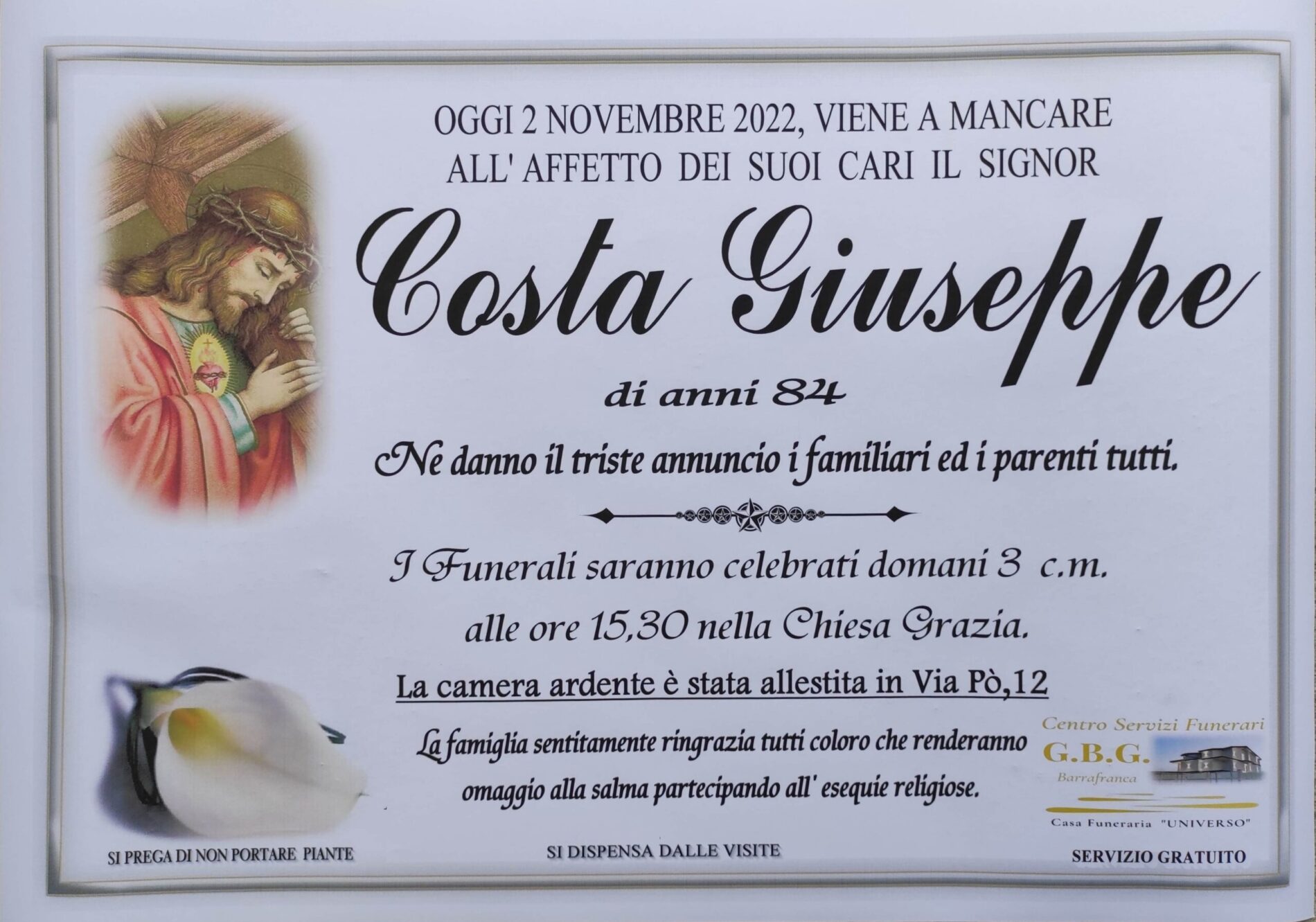 Annuncio servizi funerari agenzia G.B.G. sig. Costa Giuseppe di anni 84