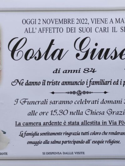 Annuncio servizi funerari agenzia G.B.G. sig. Costa Giuseppe di anni 84