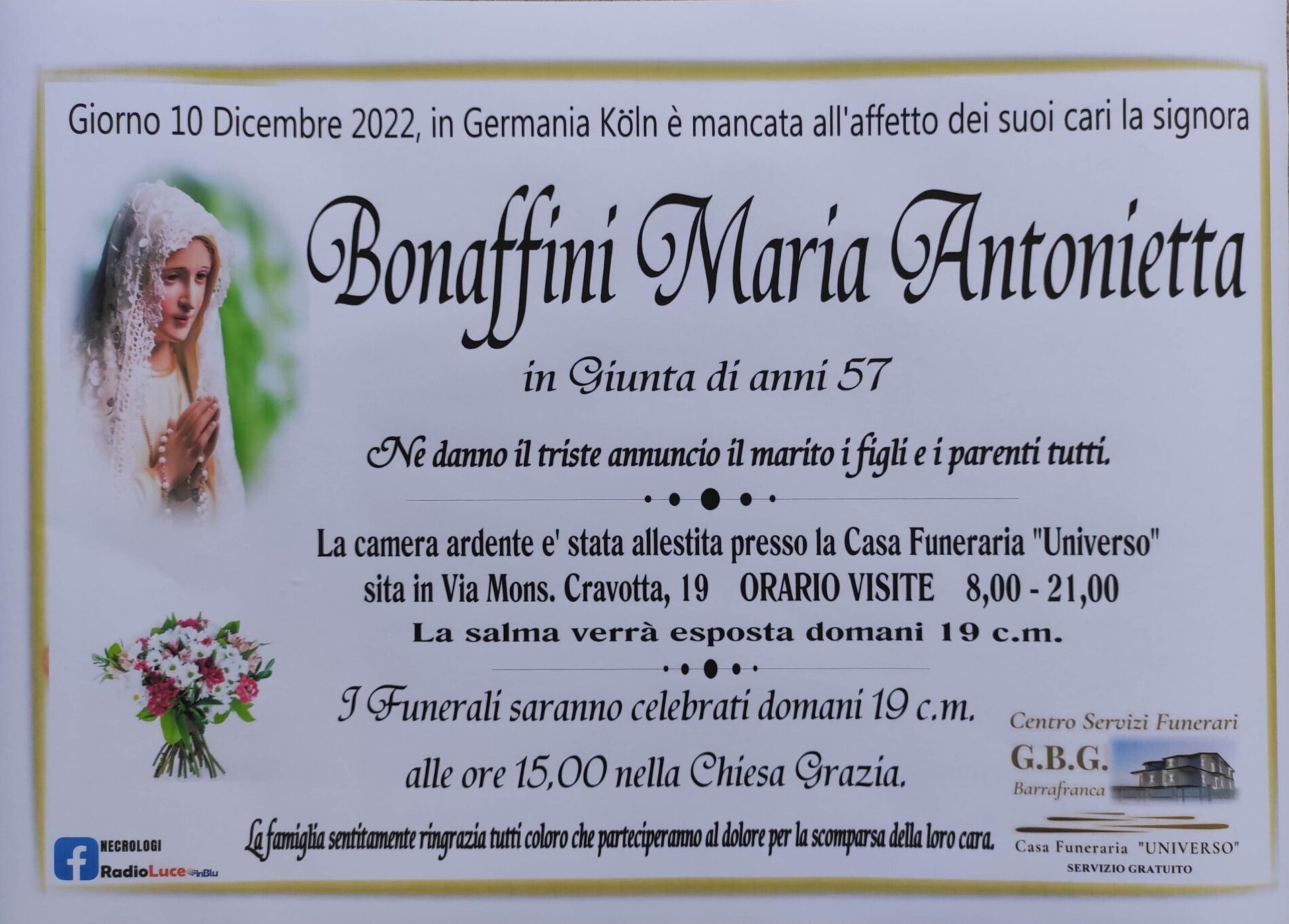 ANNUNCIO CENTRO SERVIZI FUNERARI G.B.G. Sig.ra Bonaffini Maria Antonietta  di anni 57