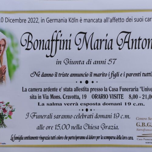 ANNUNCIO CENTRO SERVIZI FUNERARI G.B.G. Sig.ra Bonaffini Maria Antonietta  di anni 57