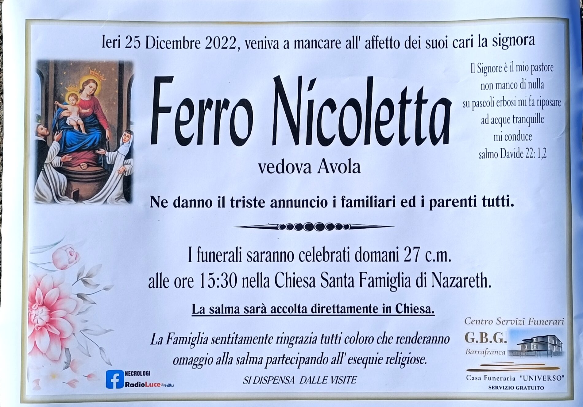 Annuncio servizi funerari agenzia G.B.G. Signora Ferro Nicoletta vedova Avola