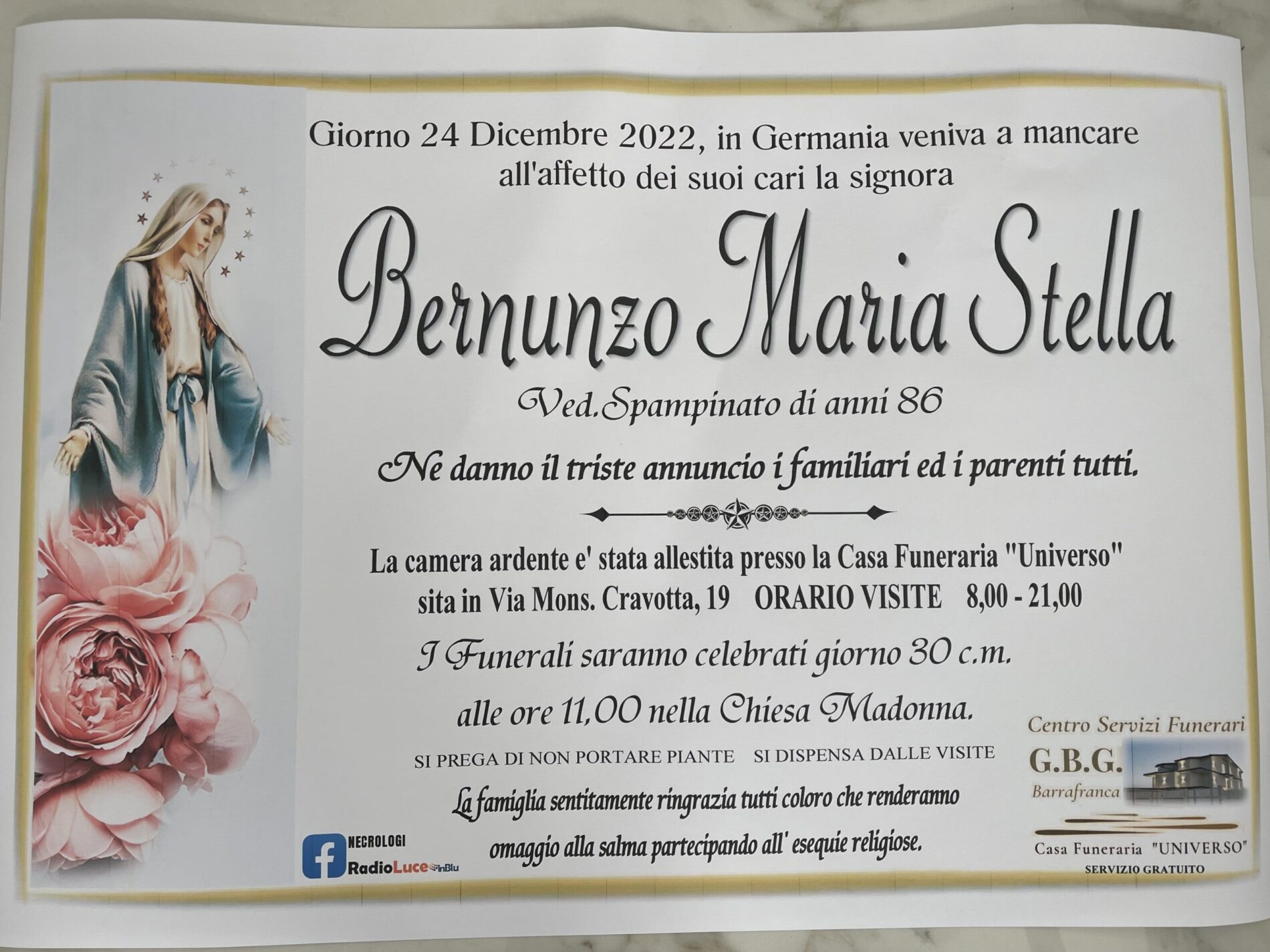 Annuncio servizi funerari agenzia G.B.G.  signora Bernunzo Maria Stella ved. Spampinato anni 86