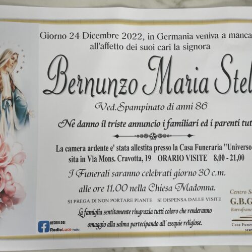 Annuncio servizi funerari agenzia G.B.G.  signora Bernunzo Maria Stella ved. Spampinato anni 86