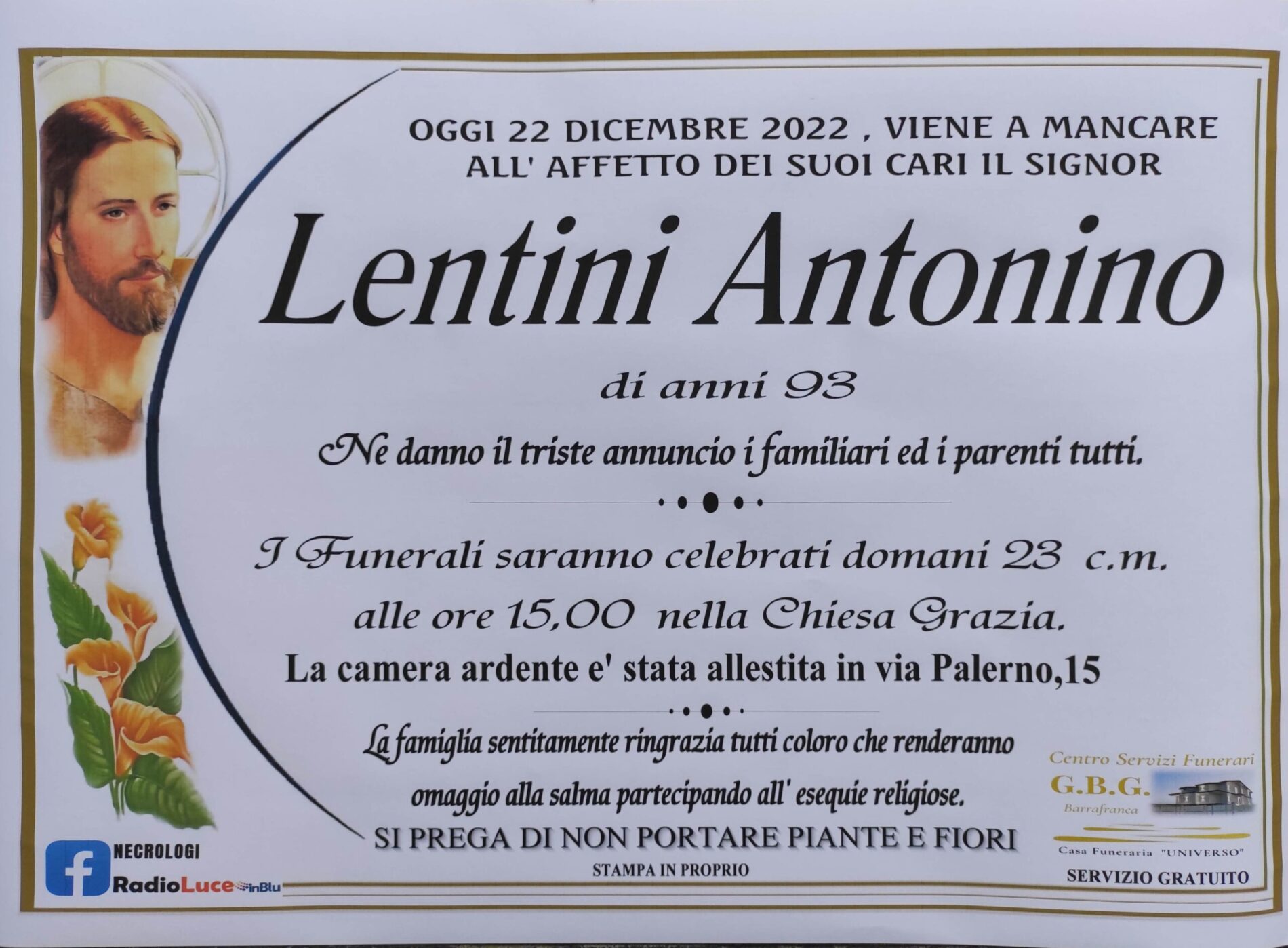 ANNUNCIO CENTRO SERVIZI FUNERARI G.B.G. Sig. Lentini Antonio di anni 93