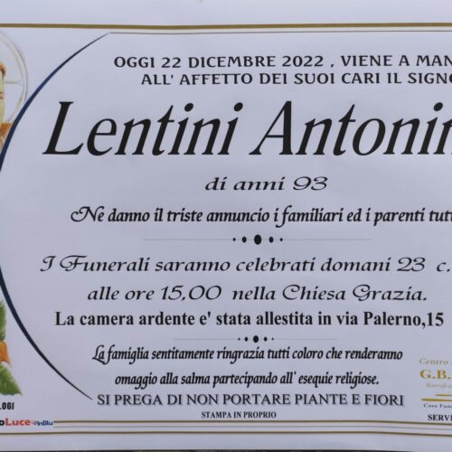 ANNUNCIO CENTRO SERVIZI FUNERARI G.B.G. Sig. Lentini Antonio di anni 93