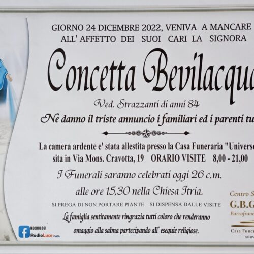 Annuncio servizi funerari agenzia G.B.G. Signora Concetta Bevilacqua ved Strazzanti di anni 83