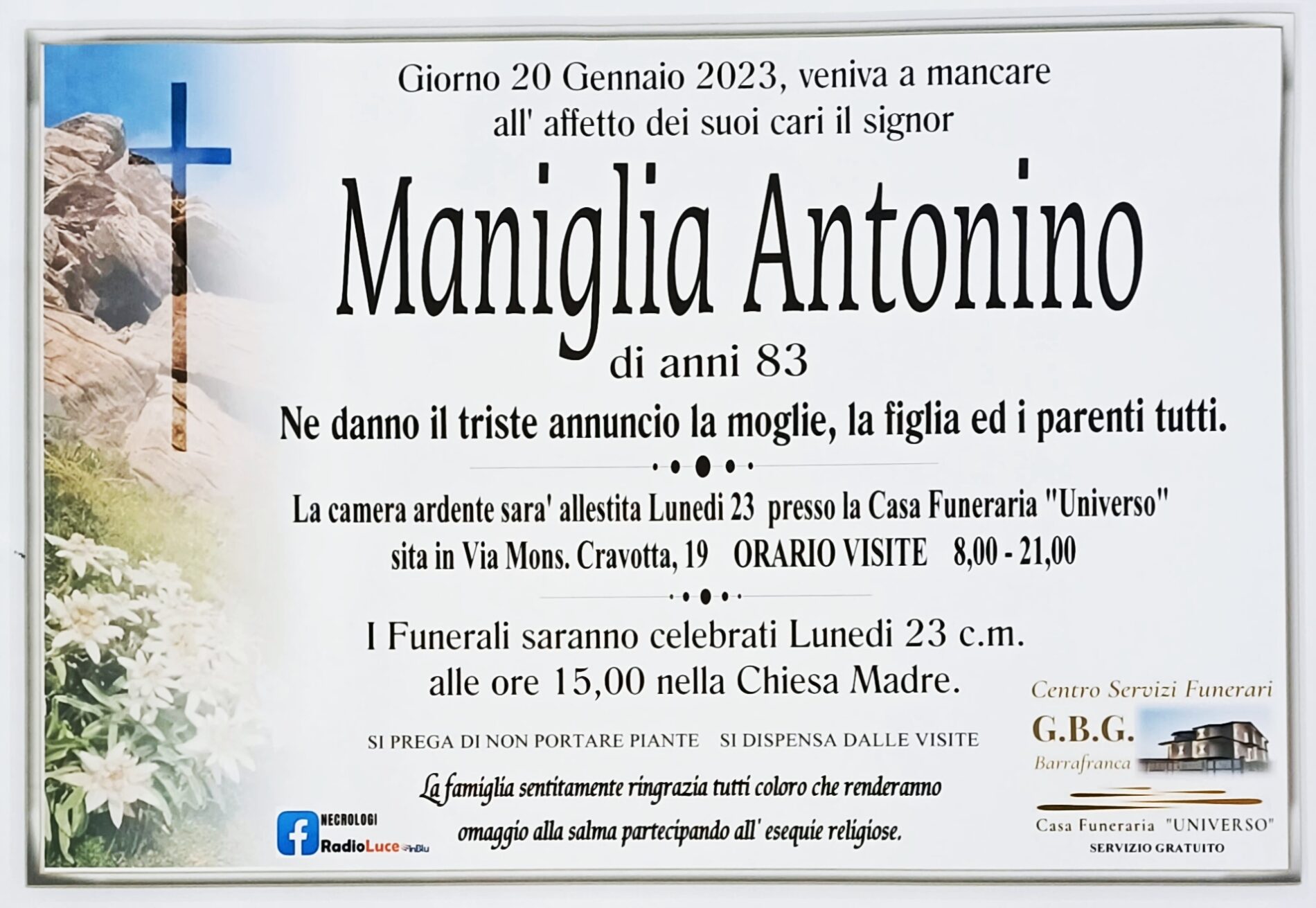 Annuncio servizi funerari agenzia G.B.G. sig. Antonino Maniglia di anni 83