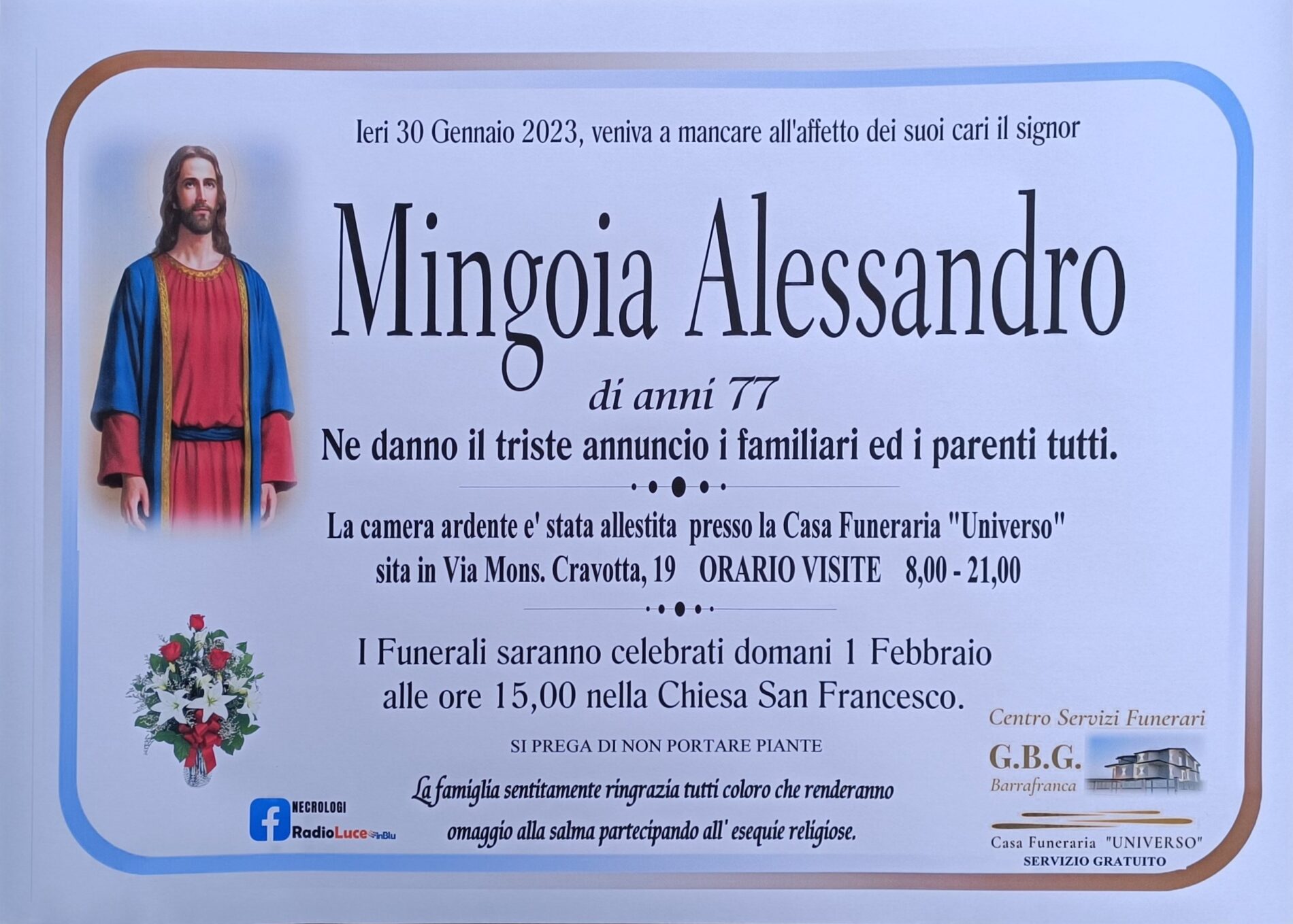 Annuncio servizi funerari agenzia G.B.G. signor Mingoia Alessandro di anni 77
