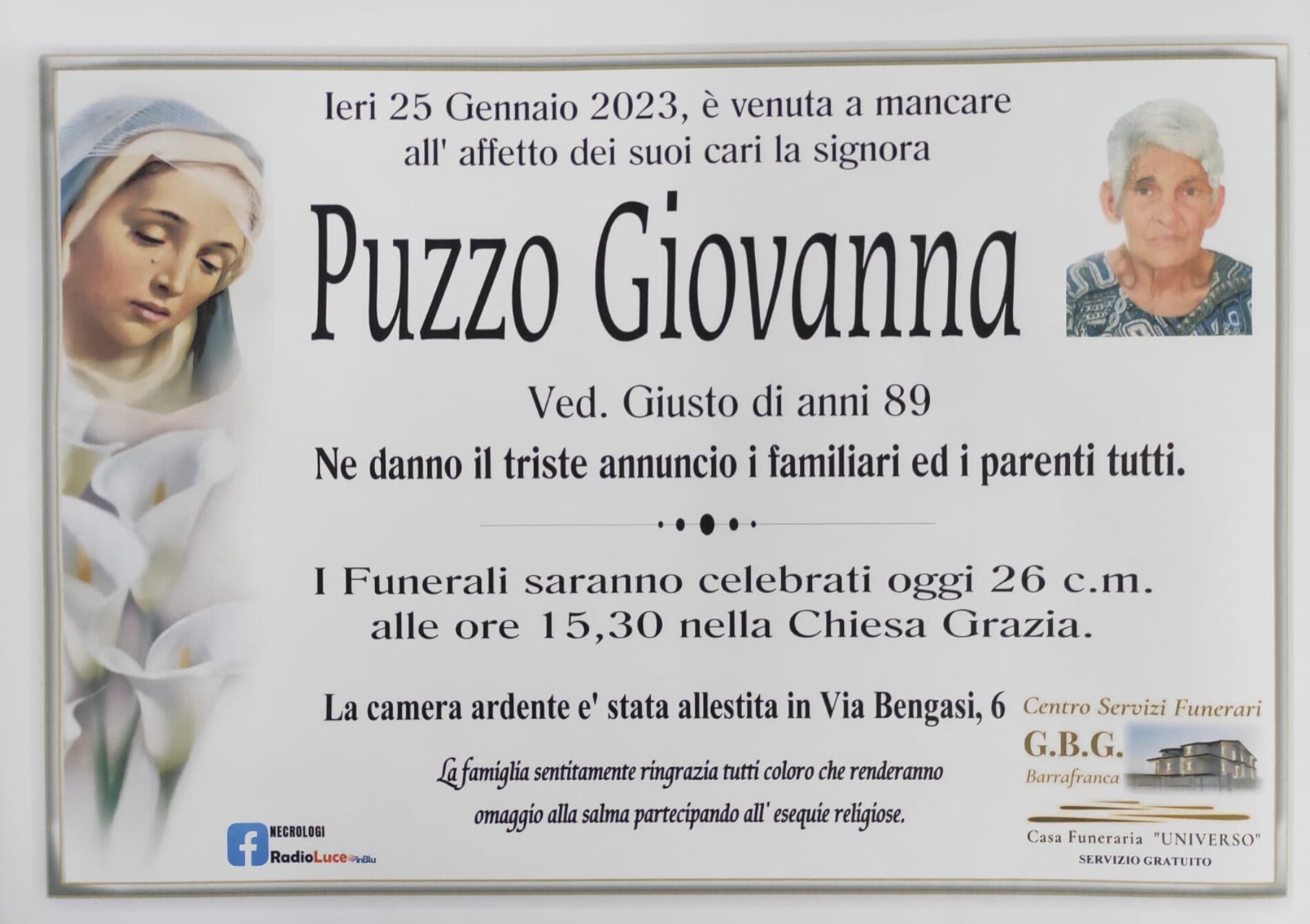 ANNUNCIO CENTRO SERVIZI FUNERARI G.B.G. Sig.ra Puzzo Giovanna ved. Giusto di anni 89