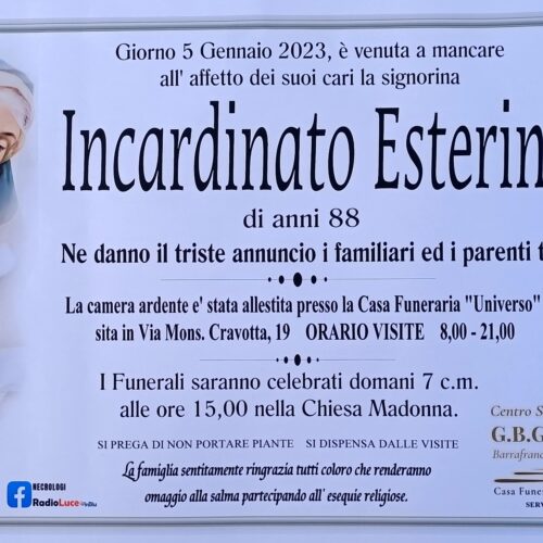 Annuncio servizi funerari agenzia G.B.G. signora Incardinato Esterina di anni 88