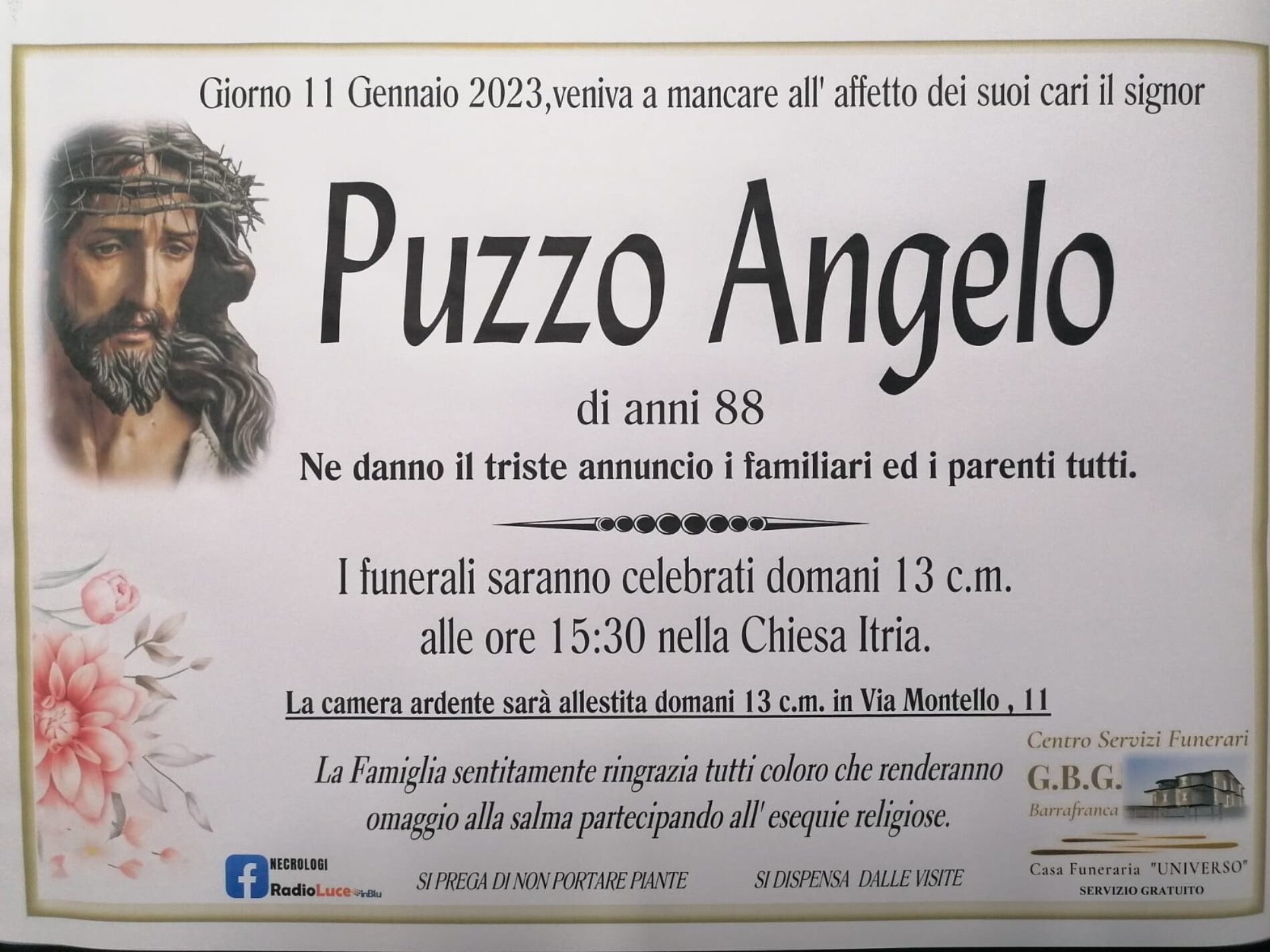 Annuncio servizi funerari agenzia G.B.G. signor  Puzzo Angelo di anni 88