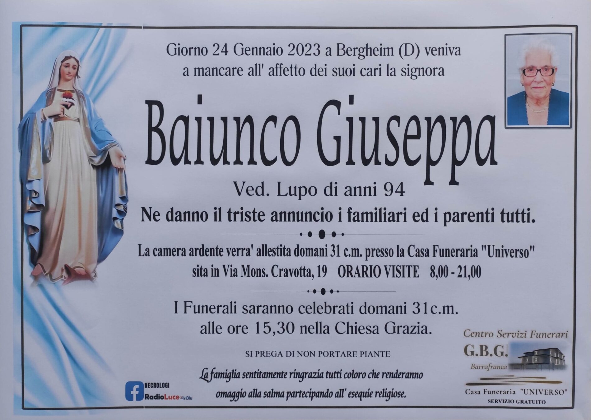 Annuncio servizi funerari agenzia G.B.G. signora Baiunco Giuseppa ved. Lupo di anni 94