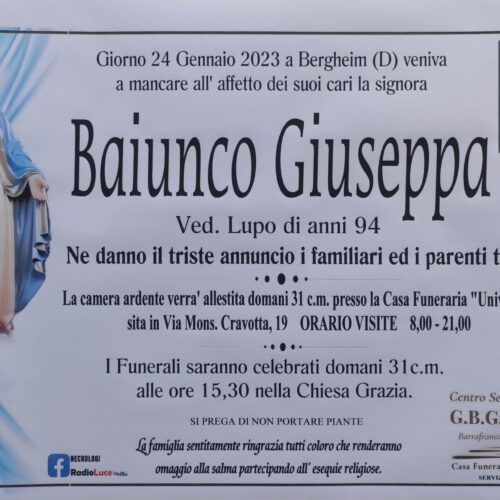 Annuncio servizi funerari agenzia G.B.G. signora Baiunco Giuseppa ved. Lupo di anni 94