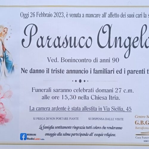 Annuncio servizi funerari agenzia G.B.G. signora Parasuco Angela ved. Bonincontro di anni 90