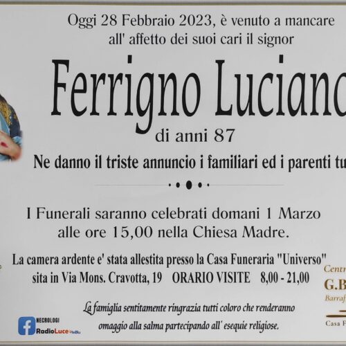 Annuncio servizi funerari agenzia G.B.G. sig. Ferrigno Luciano di anni 87