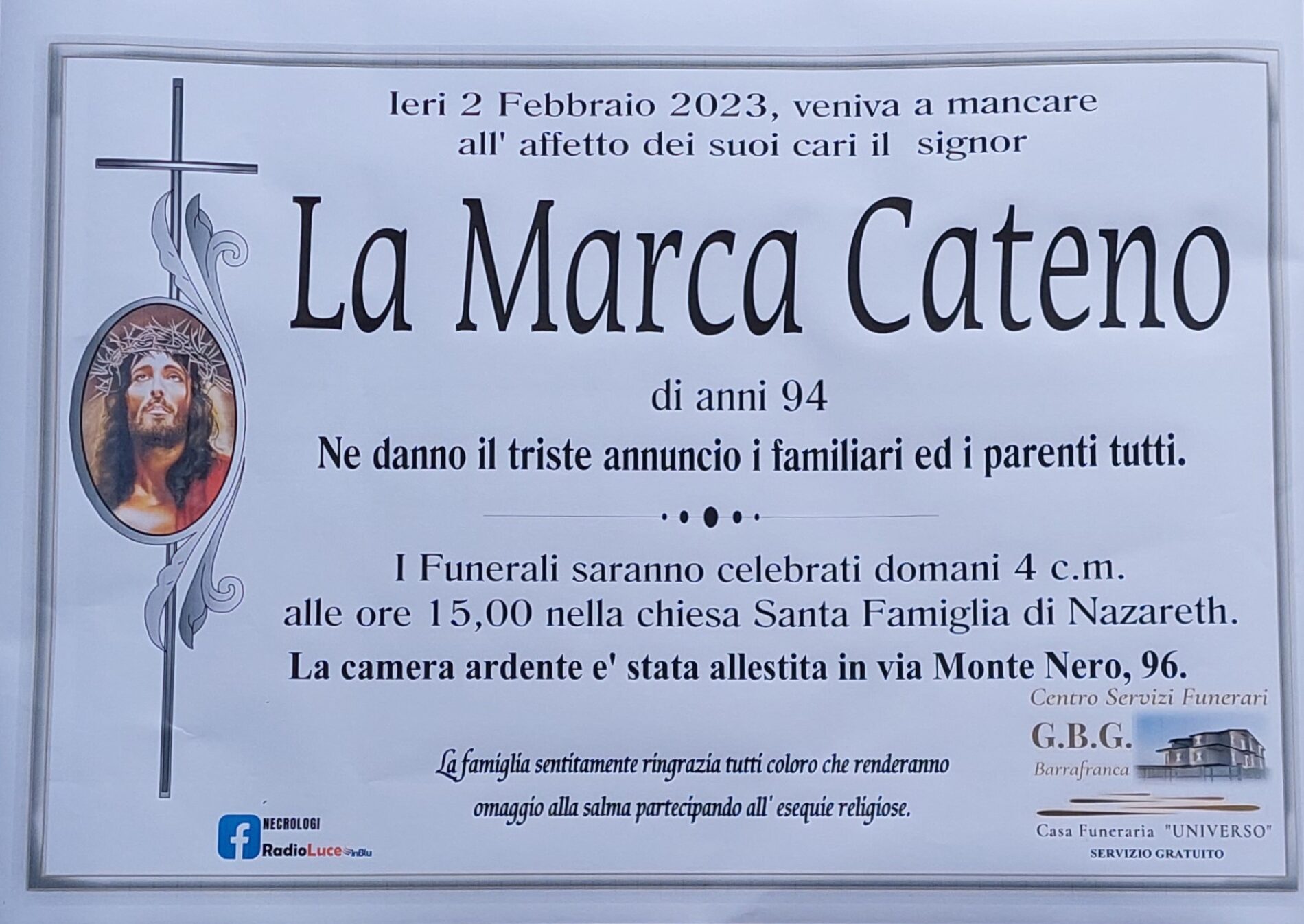 Annuncio servizi funerari agenzia G.B.G. sig La Marca Cateno di anni 94