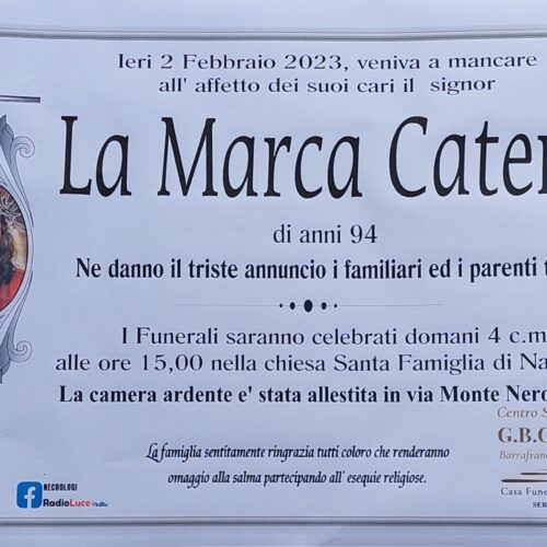Annuncio servizi funerari agenzia G.B.G. sig La Marca Cateno di anni 94