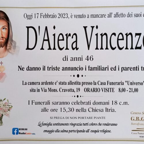 ANNUNCIO CENTRO SERVIZI FUNERARI G.B.G. Sig. D’Aiera Vincenzo di anni 46