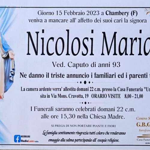 Annuncio servizi funerari agenzia G.B.G. signora Nicolosi Maria ved. Caputo di anni 93