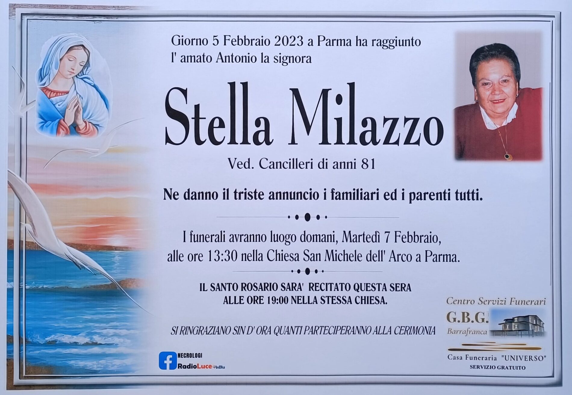 Annuncio servizi funerari agenzia G.B.G. signora Stella Milazzo anni 81 ved. Cancilleri