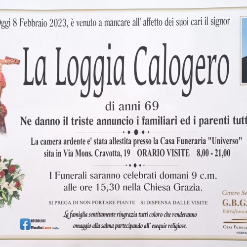 Annuncio servizi funerari agenzia G.B.G. sig. La Loggia Calogero di anni 69