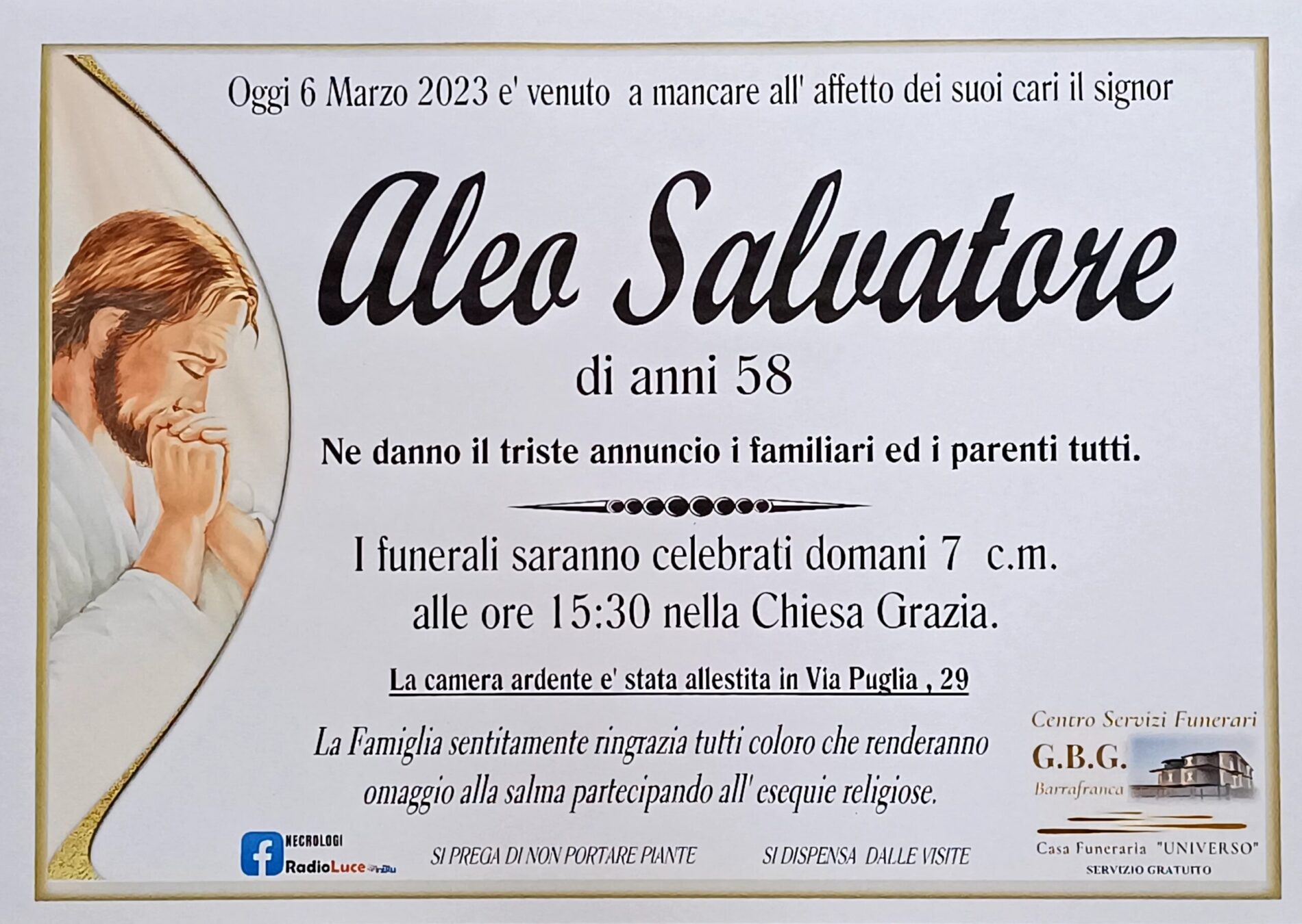Annuncio servizi funerari agenzia G.B.G. sig. Aleo Salvatore di anni 58