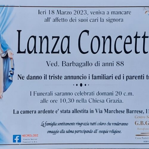 ANNUNCIO CENTRO SERVIZI FUNERARI G.B.G. Sig.ra Lanza Concetta ved. Barbagallo di anni 88