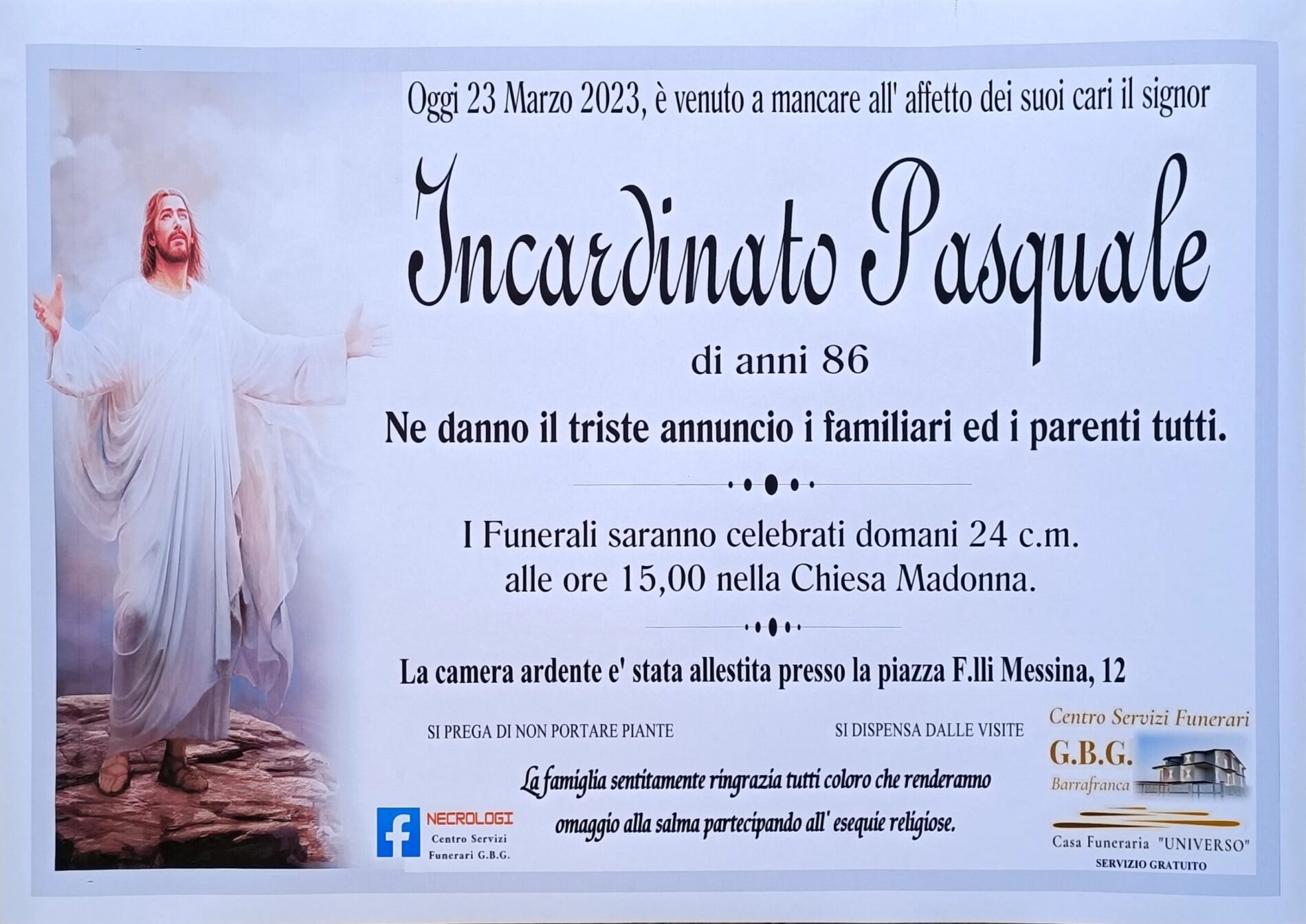 ANNUNCIO CENTRO SERVIZI FUNENARI G.B.G SIG. Incardinato Pasquale di anni 86