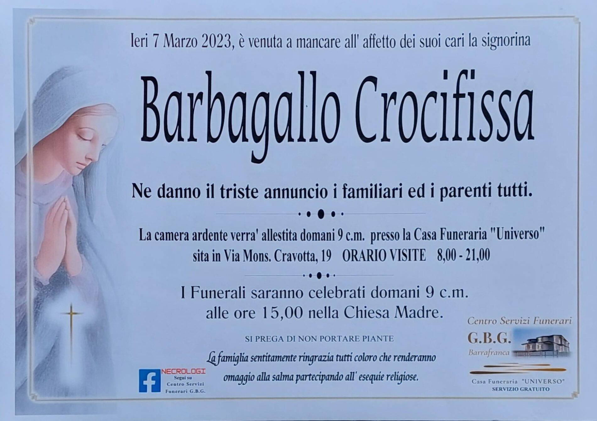 ANNUNCIO CENTRO SERVIZI FUNERARI G.B.G. Sig.na Barbagallo Crocifissa