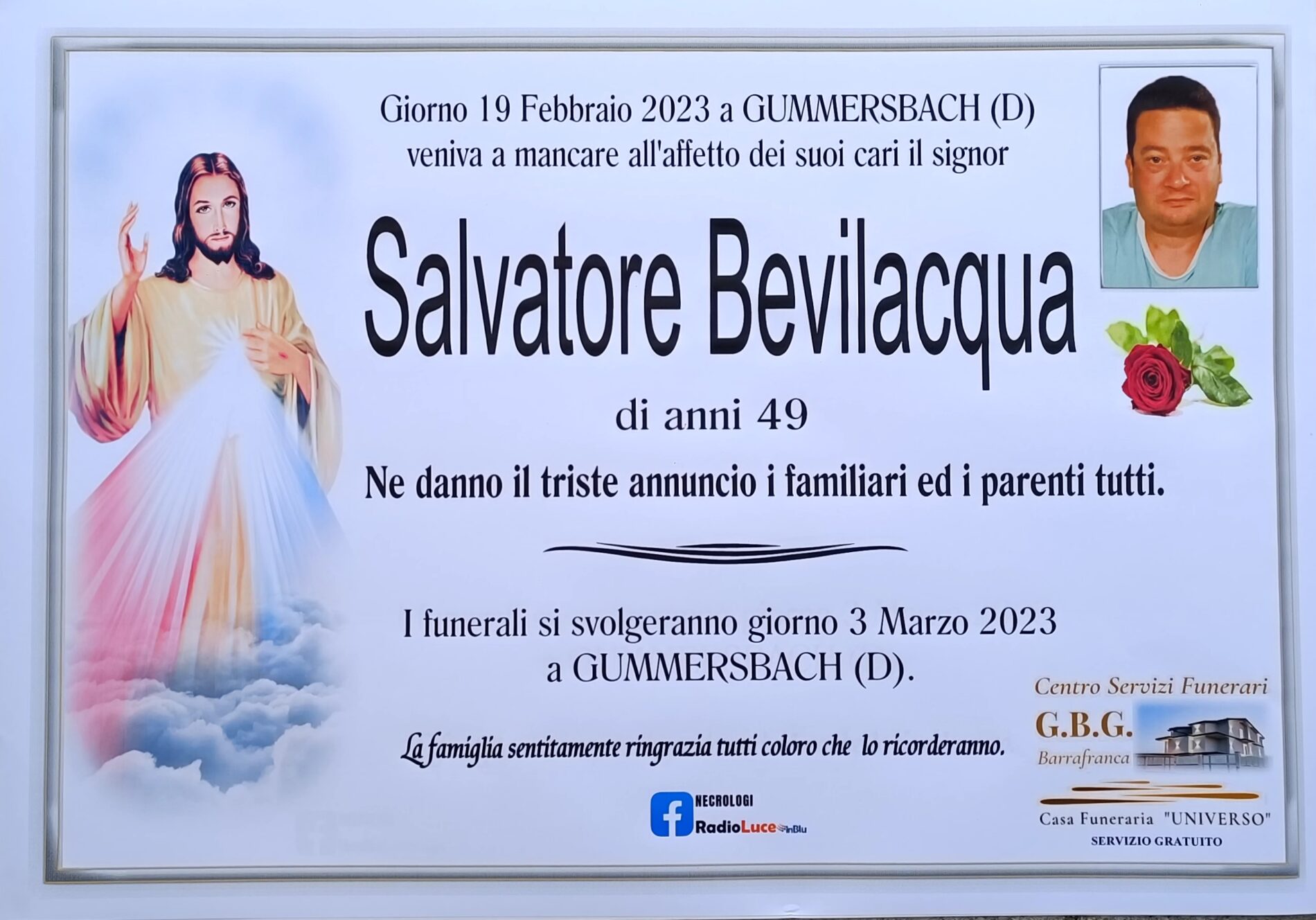 ANNUNCIO CENTRO SERVIZI FUNERARI G.B.G. Sig. Bevilacqua Salvatore di anni 49